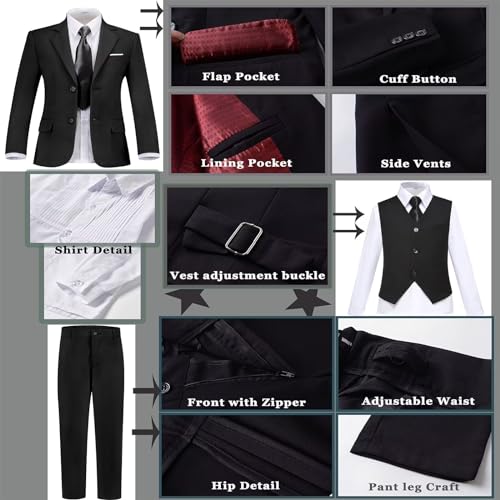 Fxzpiodi Suit for Boys Slim Fit Wedding Outfit Suit Size 2-20 Kids 6 Piece Tuxedo Solid Formal Dresswear of Jacket Vest Pants Shirt and Tie Black 20