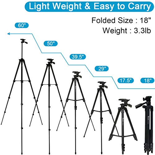 Endurax 60" Phone Tripod for Canon Camera Stand with Universal Phone Mount & Remote Shutter Max Load 6.6 lb, No Quick Release Plate, Black