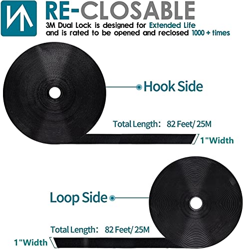1 Inch x 82 Feet Black Hook Loop Strips with Adhesive Heavy Duty, Multi-Purpose Hook and Loop Tape, Double Sided Hook Loop Rolls, Picture Hanging Strips, Bulk Sticky Straps Wall Hanging Strips