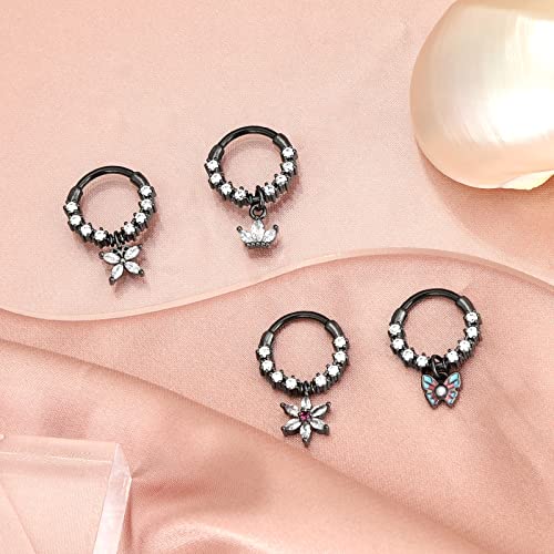 Qmcandy 4pcs Stainless Steel 16G Septum Clicker Hinged Segment Ring with Dangle Butterfly Star Crown, Black 3/8"