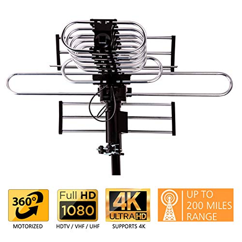 Five Star Outdoor Digital Amplified HDTV Antenna - up to 200 Mile Long Range, Directional 360 Degree Rotation by Remote Control, Intelligent Gain for HD 4K 1080P FM Support 2 TVs