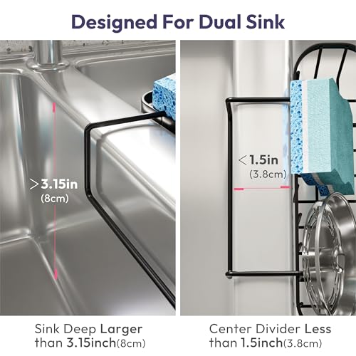 SWTYMIKI Sponge Holder for Kitchen Sink with Partition, Movable Kitchen Sink Caddy with Compact Size Stainless Steel Hanging Sink Sponge Caddy for Double Bowl Sinks, Black