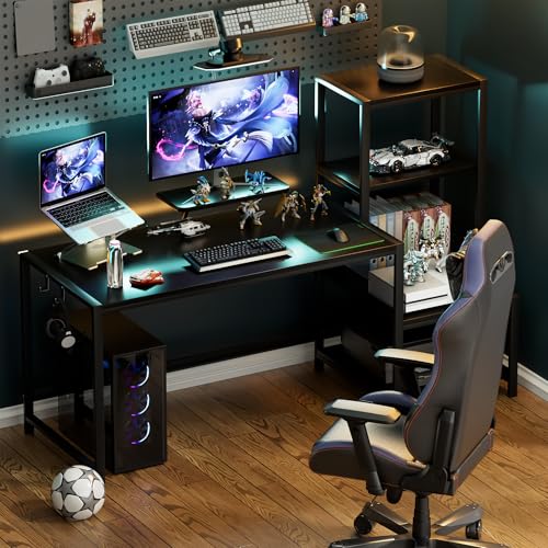 GreenForest Computer Desk 58 inch with Printer Shelf, Reversible Office Desk with Monitor Stand and 2 Hooks, Home Workstation for Study Writing Working Gaming, Black