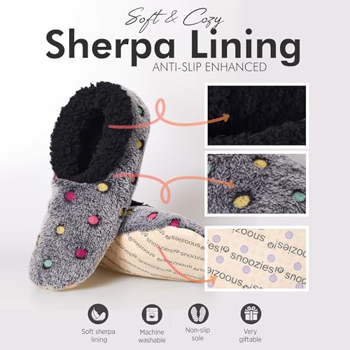 Snoozies Slippers for Women | Lotsa Dots Colorful Cozy Sherpa Slipper Socks | Womens House Slippers | Cozy Slippers for Women | Fuzzy Slippers | Black | Small