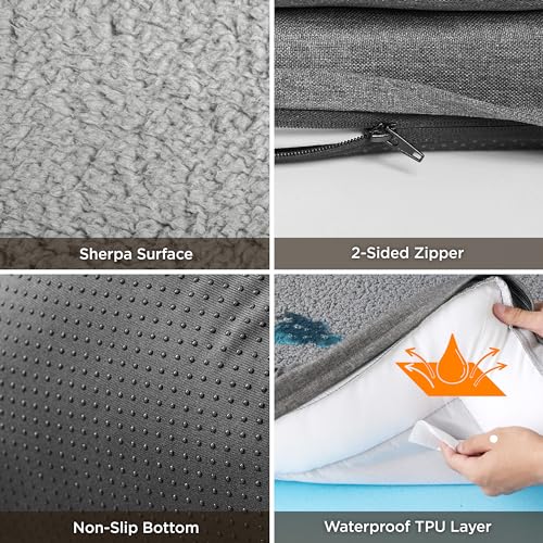 Bedsure Memory Foam Dog Bed for Large Dogs - Orthopedic Egg Foam Dog Sofa Bed with Soft Sherpa Surface, Bolster Pet Couch with Removable Washable Cover, Waterproof Layer and Nonskid Bottom, Dark Grey