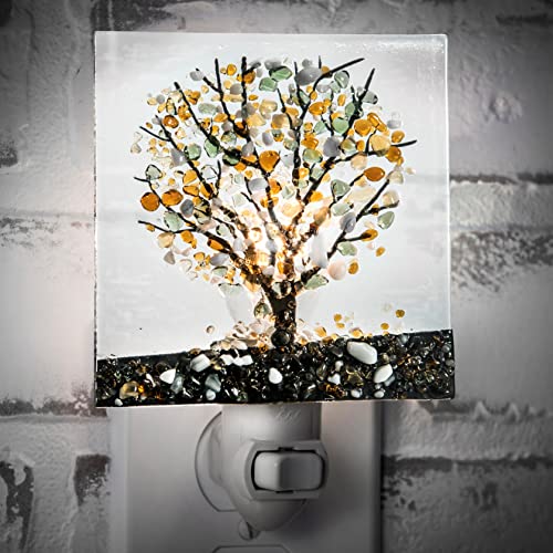 J Devlin Glass Art Stained Glass Night Light, Autumn, Fall Tree, Nature, Cabin, Plug in nightlight for Bedroom/Bathroom/Stairway/Hallway Home Decor NTL 159-1