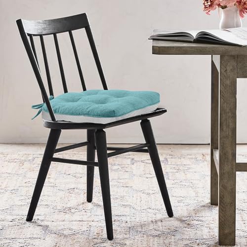 downluxe Indoor Chair Cushions for Dining Chairs, Tufted Overstuffed Textured Memory Foam Kitchen Chair Pads with Ties and Non-Slip Backing, 15.5" x 15.5" x 4", Navy, 4 Pack