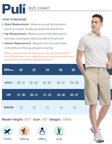 PULI Mens Shorts Casual 12" Golf Hybrid Lightweight Stretch Travel Hiking Quick Drying with Pockets Black 30