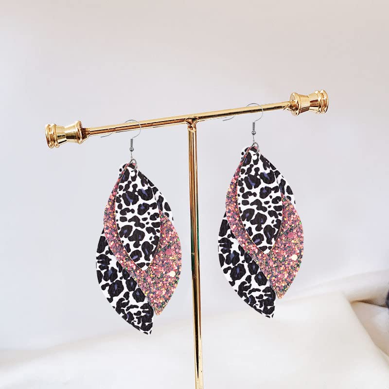 Leaf Leather Earrings for Women Handmade Fringe Feather Lightweight Teardrop Leather Earrings Drop and Dangle Earrings for Women (Black)