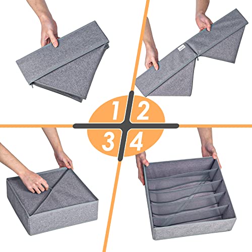 3 Pack Bra Underwear Drawer Organizer Dividers, 26 Cell Fabric Foldable Dresser Closet Organizers and Storage Boxes for Baby Clothes, Bra, Socks, Underwear, Ties (5+5+16 Slots, Grey)