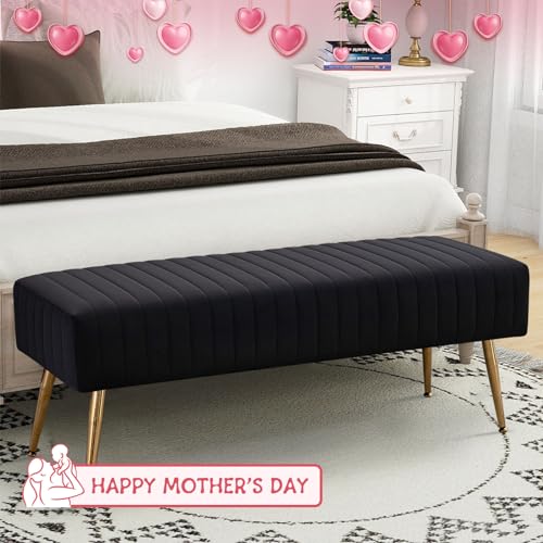 Furnimart 44 Inch Bedroom Ottoman Bench, Black Upholstered End of Bed Bench with Gold Legs for Living Room Bedroom Dinning Room Entryway, Black