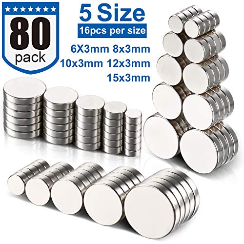 DIYMAG Refrigerator Magnets 80PCS, 5 Different Size, Small Round Disc Cylinder Magnets for Whiteboard, Hobbies, Dry Erase Board and Office Magnets