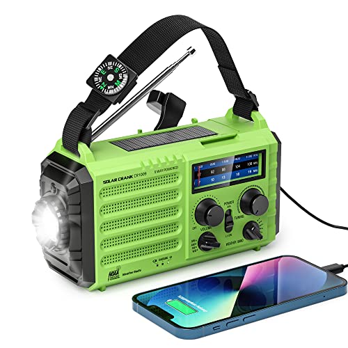 NOAA Emergency Weather Radio,5000mAh Weather Alert Radio,Solar Charging,Hand Crank & USB Charged,Portable AM/FM/SW Radio with Best Reception,Flashlight,Reading Lamp,SOS Alarm,for Home Outdoor(Green)