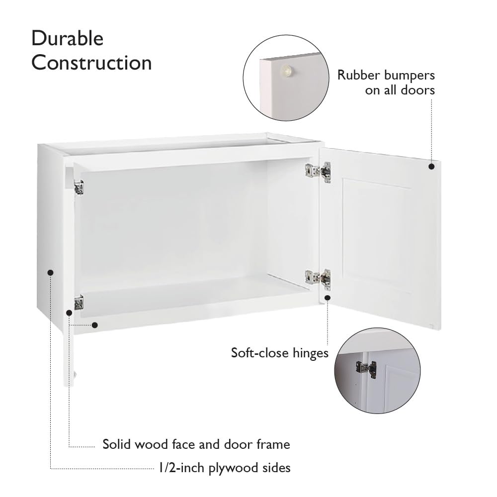 Brookings Shaker Unassembled Bridge Wall Kitchen Cabinet W3012, 30 W x 12 D x 12 H, Painted White, Solid Wood, Design House, 561621
