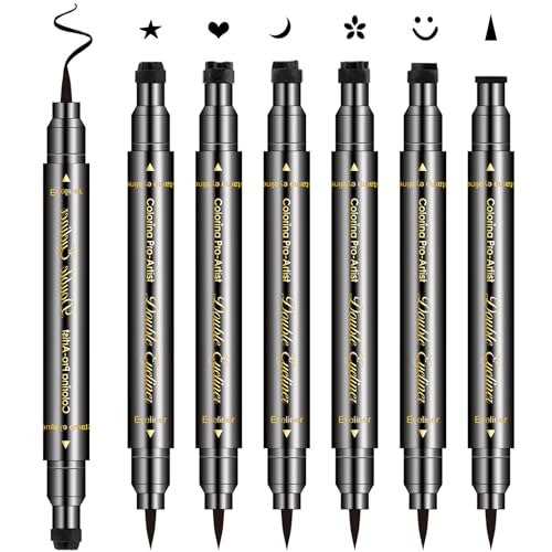Erinde 6PCS Double-headed Eyeliner Stamp Pen Set, Black Stencil, Winged Eyeliner Tattoo Tool, Star Moon Heart Eye Makeup