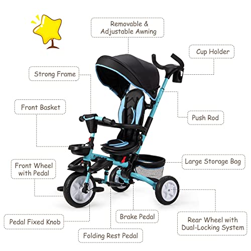 BABY JOY Tricycle, 7 in 1 Folding Toddler Bike w/Removable Push Handle, Rotatable Seat, Adjustable Canopy, Safety Harness, Storage, Cup Holder, Trike for 1-5 Year Old, Tricycle for Toddlers (Blue)