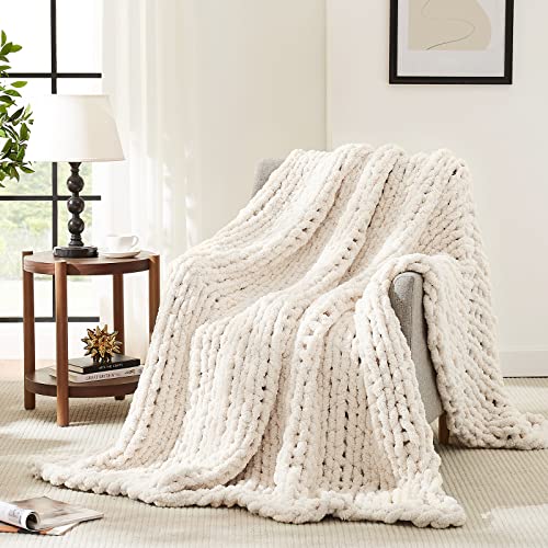L'AGRATY Chunky Knit Blanket Throw,Soft Chenille Yarn Throw 50x60,Handmade Thick Cable Knit Crochet Blanket, Large Rope Knot Throw Blanket for Couch Home Decor