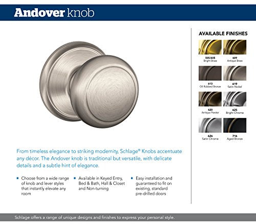 SCHLAGE Andover Knob with Wakefield Trim Non-Turning Lock, Bright Brass (F170 AND 605 WKF)