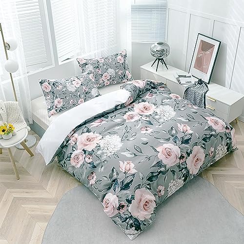 TOPTREE Rose Floral Duvet Cover Full - Aesthetic Garden Pink Floral Bedding Set Modern Trendy Flower Bed Set with Botanical Leaf for Women Aldult(Grey, Full)