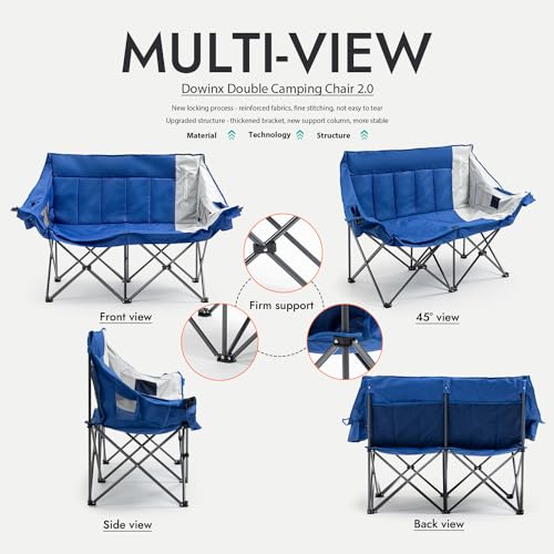 Dowinx Double Camping Chair Portable Folding Outdoor Loveseat with Side Pockets, Lawn Chair Camping Couch for Beach/Outdoor/Patio, Padded Seats & Armrests Supports up to 440lbs, (Blue PRO)