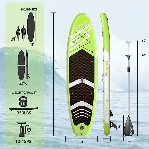 FBSPORT 11' Premium Inflatable Stand Up Paddle Board, Yoga Board with Durable SUP Accessories & Carry Bag | Wide Stance, Surf Control, Non-Slip Deck, Leash, Paddle and Pump for Youth & Adult