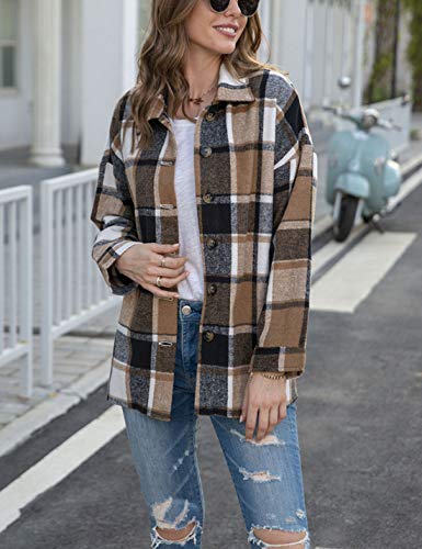 Yeokou Womens Fall Flannel Plaid Shacket Jacket Wool Blend Button Down Shirt Coat Tops(#2 Yellow-M)