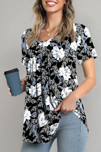 LONGYUAN Short Sleeve Tunics Loose Fit Casual Tops for Women Summer Hide Belly Comfy Shirts Blouse Fl Medium White Lily