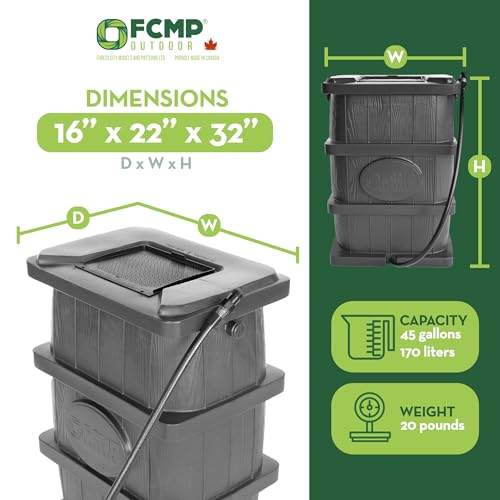 FCMP Outdoor Slim Line Design 45-Gallon Wood Grain Outdoor Home Rain Water Catcher Barrel Flat Back Container with Spigots and Mesh Screen, Black