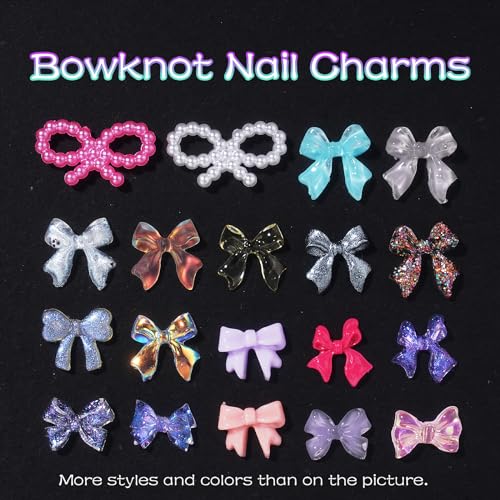 300Pcs Variety Bows Charms for Nails Colorful Pink White Bow Cute Nail Charms Mixed Resin Rhinestones Gold Silver Balls Pearls Bow Nail Gems Charms for Manicure DIY Crafts Accessories