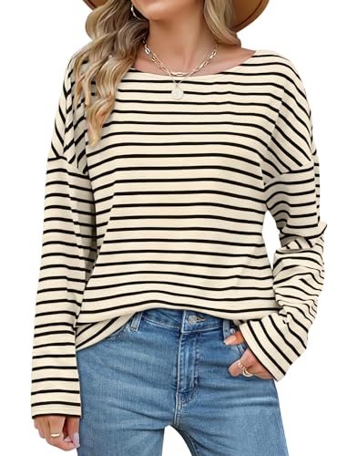 OFEEFAN Long Sleeve Shirts for Women 2024 Boat Neck Striped Shirt Womens Long Sleeve Tops Loose Womens Tunic Tops Apricot Green Stripe L