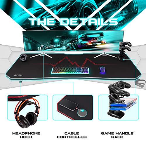 Furmax Gaming Desk T-Shaped Pc Computer Table with Carbon Fiber Surface Free Mouse Pad Home Office Desk Gamer Table Pro with Game Handle Rack Headphone Hook and Cup Holder (Black, 55 Inch)