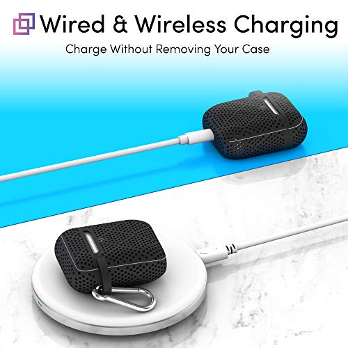 TALK WORKS AirPods Case Cover with Keychain - Protective Hard Silicone Skin for AirPods Keychain Case Clip Carabiner Wireless Charging Compatible with Apple Air Pod Carrying Case Series 1 & 2-Black