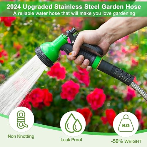 EONFAY Metal Garden Hose 50ft, Stainless Steel Water Hose Leak-Proof w/10 Function Sprayer Nozzle, 3/4" Fittings Flexible Garden Hose, Long-Lasting, Lightweight, No-Kink Water Hose, for Yard and Lawn