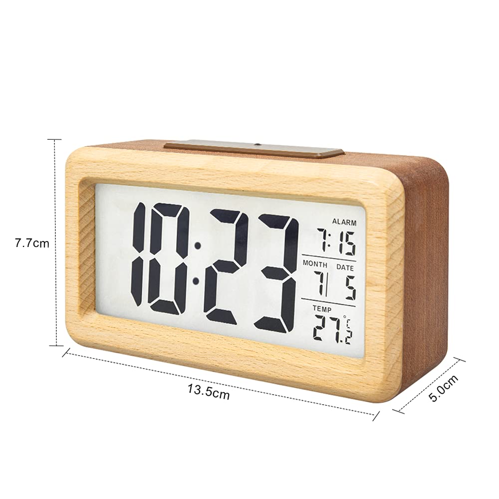 everwood Wooden Digital Alarm Clocks for Bedrooms Battery Operated, Wooden LCD Digital Clock with Smart Sensor Night Light, Temperature Detect, Snooze Function
