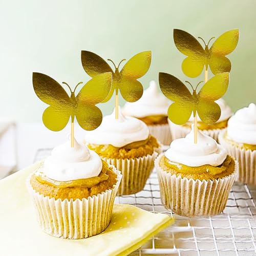 Blopee Cupcake Toppers, Butterfly Cupcake Toppers for Birthday Party, 24 pcs Gold Cupcake Toppers, Butterfly Shaped Happy Birthday Cupcake Toppers for Bridal Baby Shower Girls Women Wedding Party