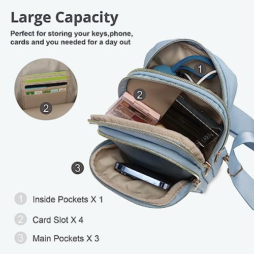 Bunnychill Small Crossbody Sling Bags for Women Men, 3 Zipper Pocket Cell Phone Purse Fanny Packs for Women Men,Daypack Sport Chest Satchel (Baby Blue)