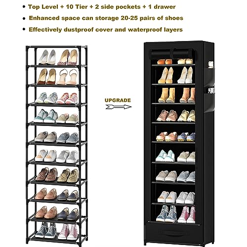 OYREL Shoes Rack 10 Tier Tall Shoe Rack Narrow Shoe Rack with Storage Box,Fabric Covered Shoe Rack,Metal Shoe Rack Organizer,Shoe Racks for Closets,Stackable Shoe Rack,Shoe Stand,Shoe Shelf Storage