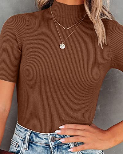 Womens Summer Tops Trendy Textured Mock Turtleneck Short Sleeve Casual Business Work Top Tee Blouses Green