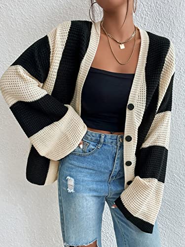 Verdusa Women's Colorblock Lightweight Cardigan Sweaters Button Down Bell Sleeve Knit Outerwear Spring Fall Clothes Black and Apricot Small