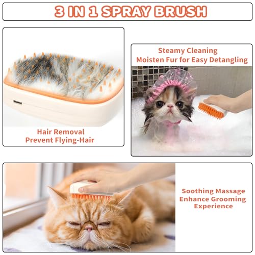 CyperGlory 3 in 1 Steam Cat Hair Brush: Spray, Massage and Bath Cleaning for Dogs and Cats, Soft Silicone Brush for Hair Removal, Self-Cleaning Feature for Easy Use