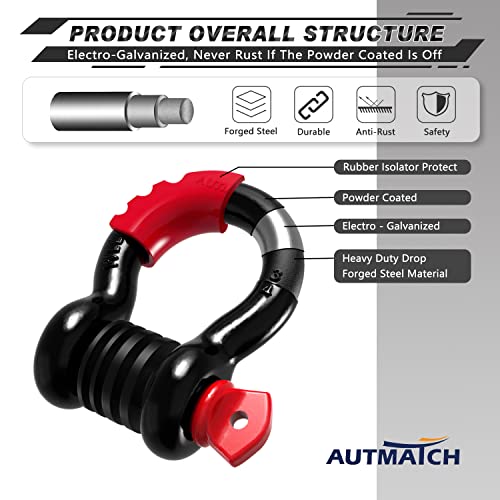 AUTMATCH D Ring Shackle 3/4" Shackles (2 Pack) 41,887Ibs Break Strength, Clevis Shackle with 7/8" Screw Pin and Shackle Isolator Washers Kit for Tow Strap Winch Off Road Vehicle Recovery, Black & Red