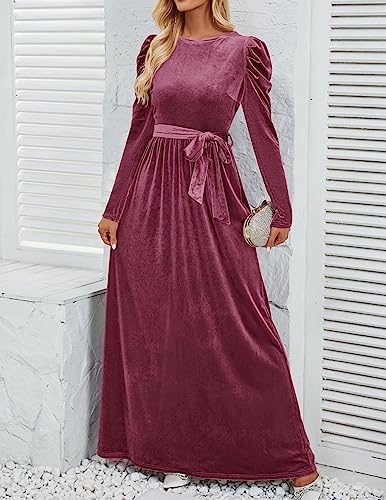 ZESICA Women's Velvet Maxi Dress Long Puff Sleeve Crew Neck Elastic High Waist Cocktail Party Bridesmaid Dresses,Black,Medium
