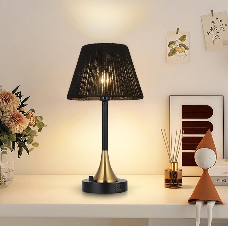 LAMSU Black Rattan Lamp Shade Small, Boho Barrel Lamp Shades for Table Lamps, Handwoven Wicker Lampshade Replacement for Floor Lamp, Wall Sconces Light Cover, Spider Fitter, 5.5x10x7