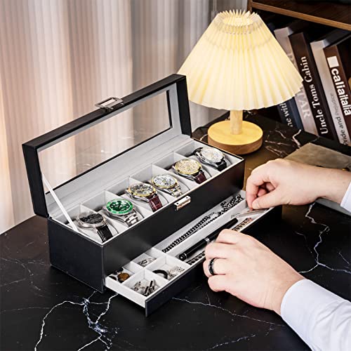 ProCase Watch Box for Men, 3 Slot Watch Display Case with Drawer, Mens Watch Case With Glass Lid, 2-Layer Jewelry and Watch Storage Watch Holder Organizer for Men Women -3 Slot, Black