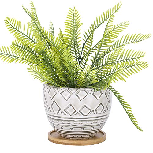VanEnjoy 5.5 inch Large Round Bohemian Style Ceramic Planter, Geometry Engrave Off White Brown Succulent Planter Flower Pot - Indoor Outdoor Decorative Planter