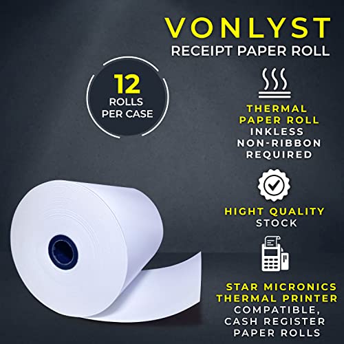 Vonlyst Receipt Paper Roll 3 1/8 x 230 for Square Register and Square POS System connected to Star Micronics Thermal Printer (Pack 12 rolls)
