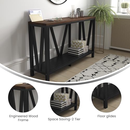 BizChair Farmhouse 2-Tier Console Table - Black Finish Engineered Wood Frame - Walnut Finish Tabletop - for Entryway or Living Room