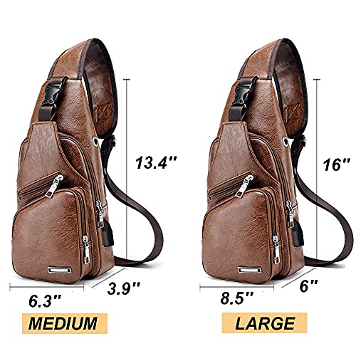 Peicees Leather Sling Bag Mens Crossbody Chest Bag Sling Backpack with USB Charge Port