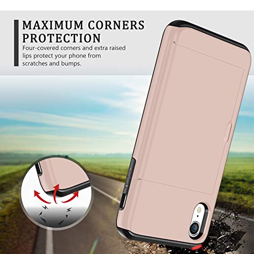 SAMONPOW Wallet Case for iPhone XR Case with Card Holder Protective Case Dual Layer Shockproof Hard PC Soft Hybrid Rubber Anti Scratch Case for iPhone XR 6.1 inch Light Pink