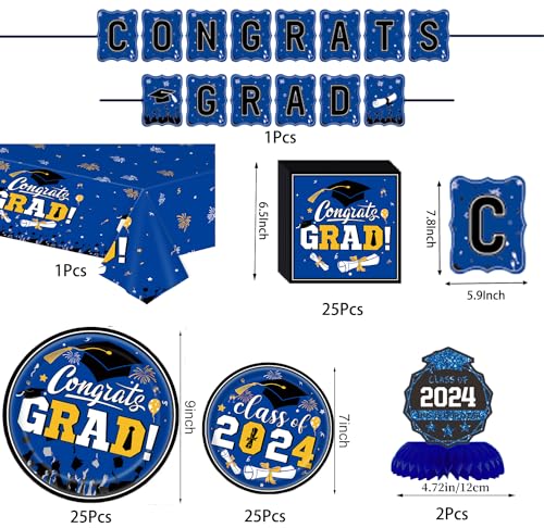 Graduation Party Plates and Napkins 2024, Blue and Gold Graduation Party Supplies Congrats Grad Party Decorations Class of 2024, Graduation Tablecloth,Banner,Serve 25